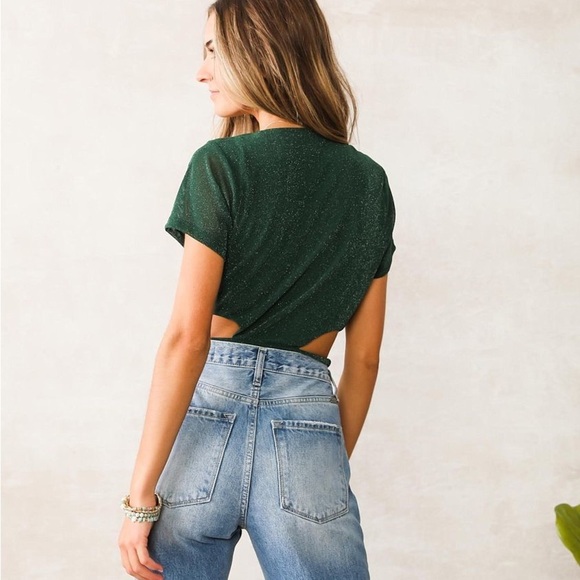 Privy Dark Green Sparkle Mesh Cut-Out Bodysuit - Picture 2 of 10